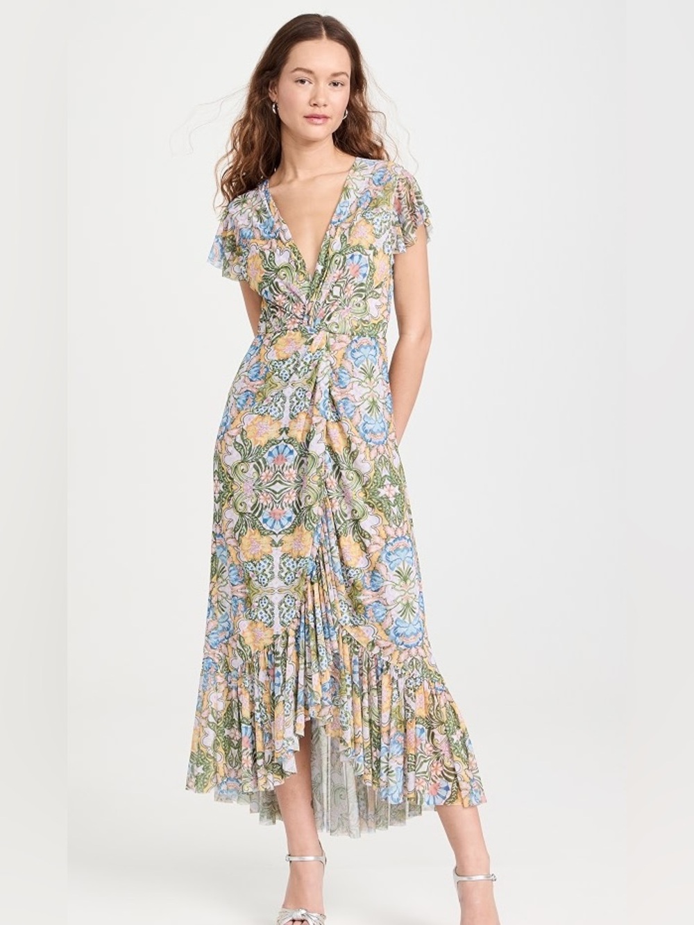 MISA Los Angeles Avaline Asymmetric Ruffle Midi Dress XS like new smoke pet free